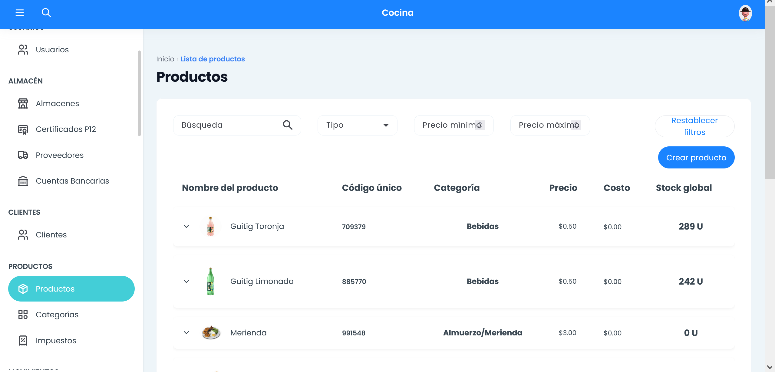 Catálogo de productos Bilanx con búsqueda, categorías y stock por unidad